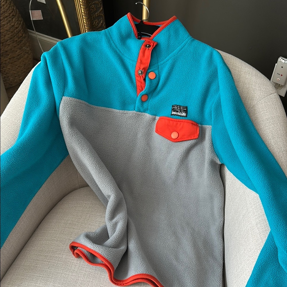 Blue and Gray Fleece Pullover with Orange Accents